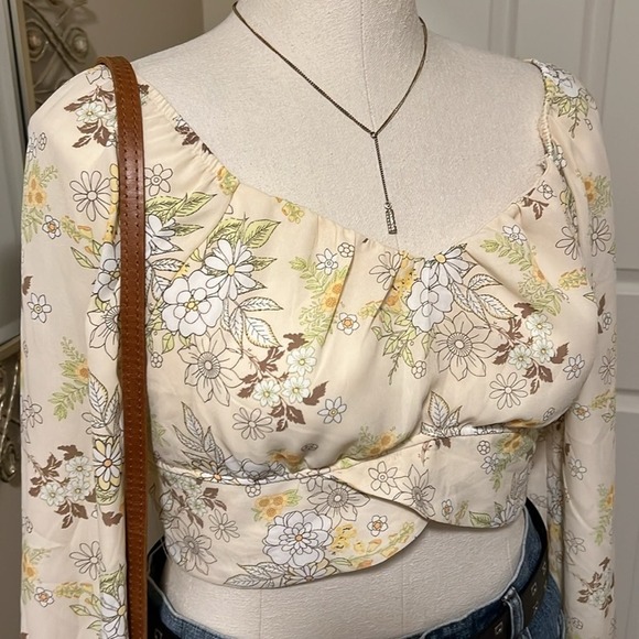 Madden NYC Tops - Madden NYC floral long sleeve sheer crop top with tie and built in bra XL